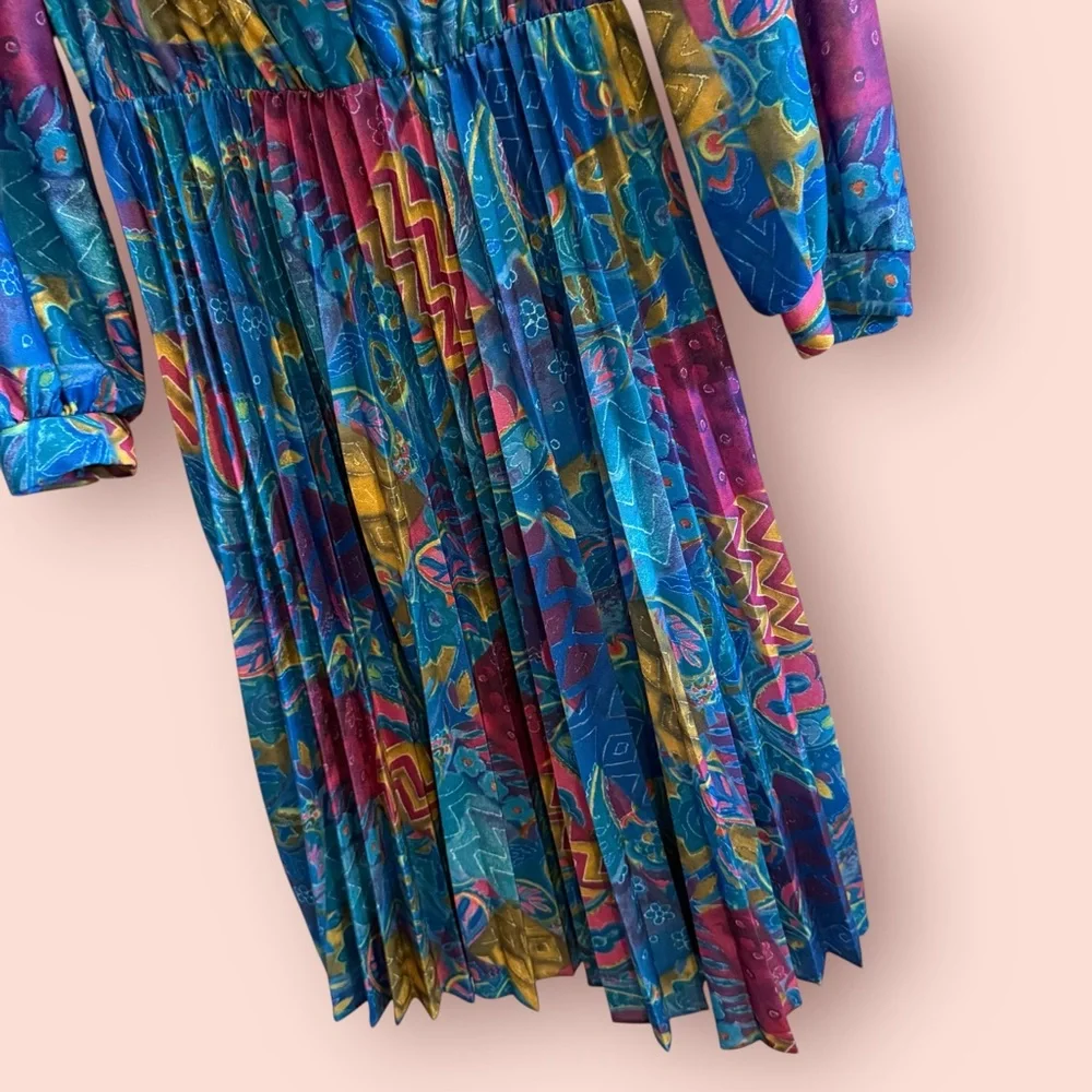 Vintage 80s Pleated Midi Dress | Jewel Tone Abstract Print Button Front - Picture 2 of 6